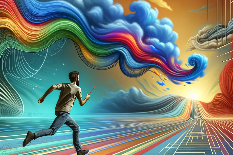 A man running along a multi-colored road into the distance. Above him, a rainbow colored cloud or smoke swirls above him. It is an abstract representation of "Good Luck Trying To Catch That Trend"